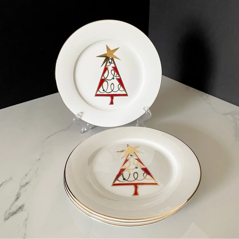 SET of 4 Red Christmas Tree Salad or Dessert Plates by Pier 1